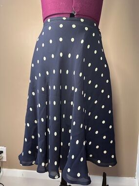 Alfred Sung Vintage 100% Silk Navy/White Polka Dot Skirt, Lined, Flowy
